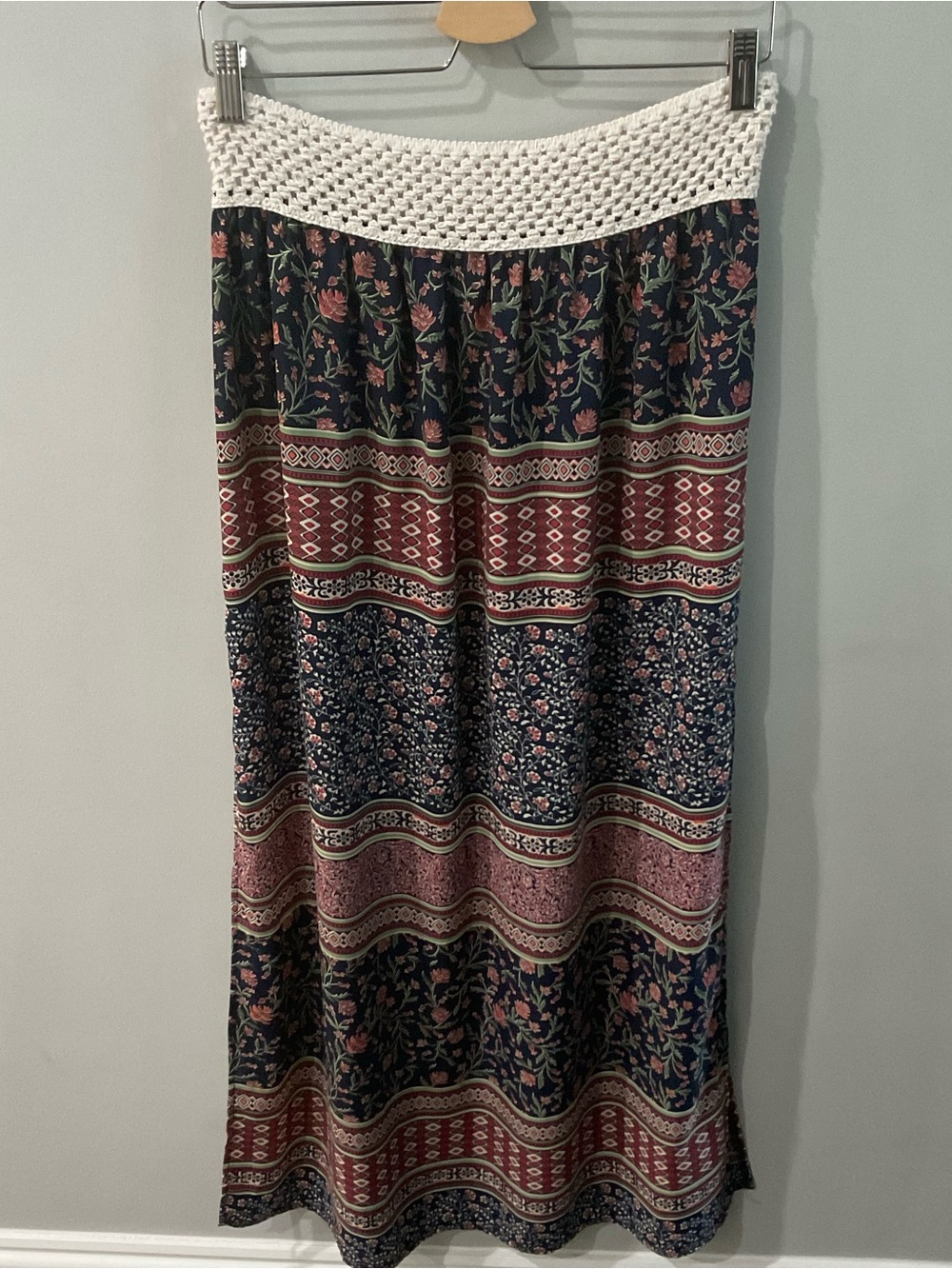 Boho Maxi Skirt with Crochet Waistband in multicolor.